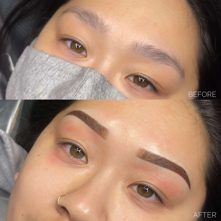 Ombré Powder Brow technique in brown with a natural arch shape and subtle shading