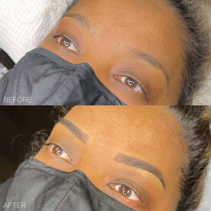 Ombré Powder Brow technique in brown with a natural arch shape and subtle shading